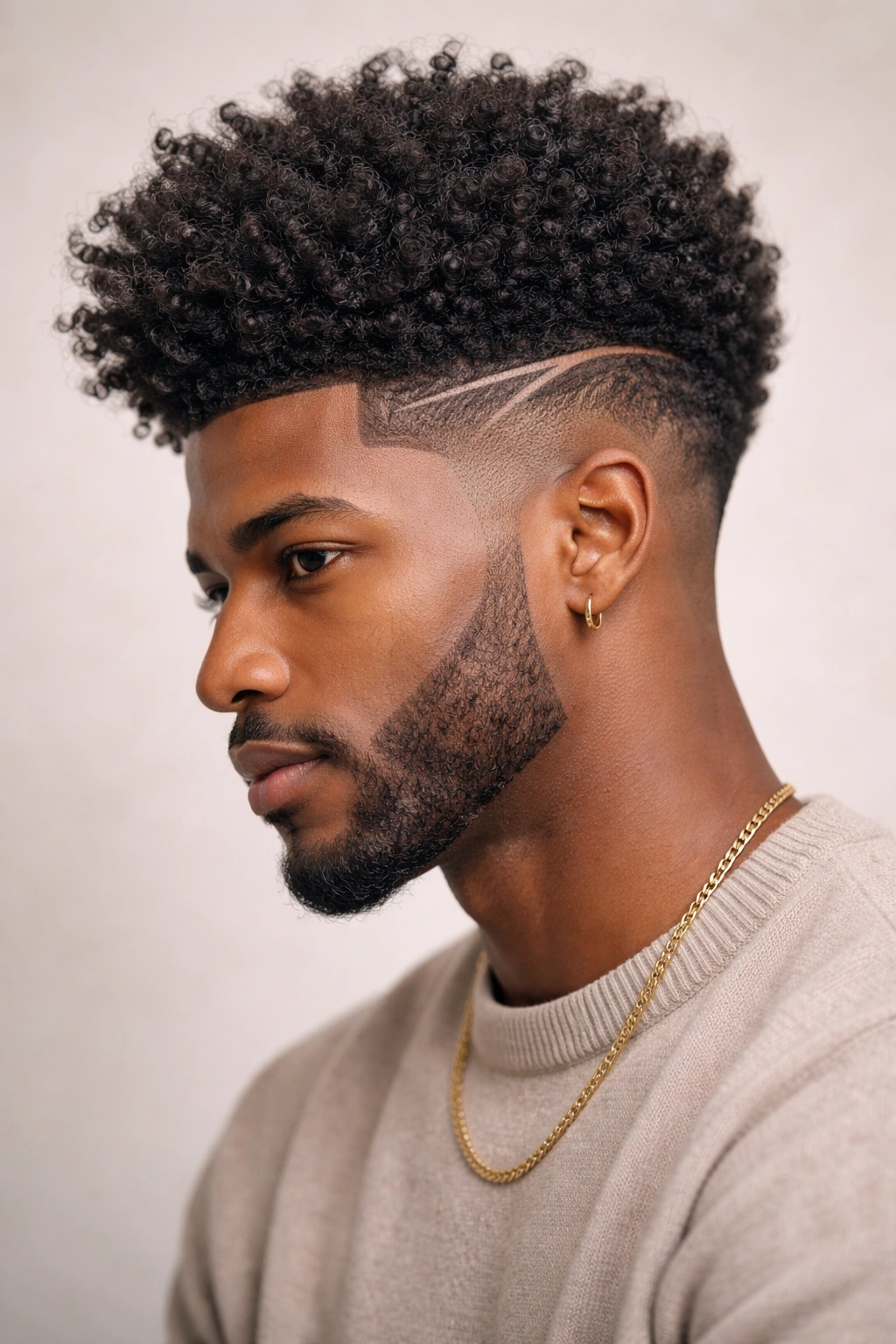 Afro with undercut and geometric side shapes, full textured crown against neutral backdrop