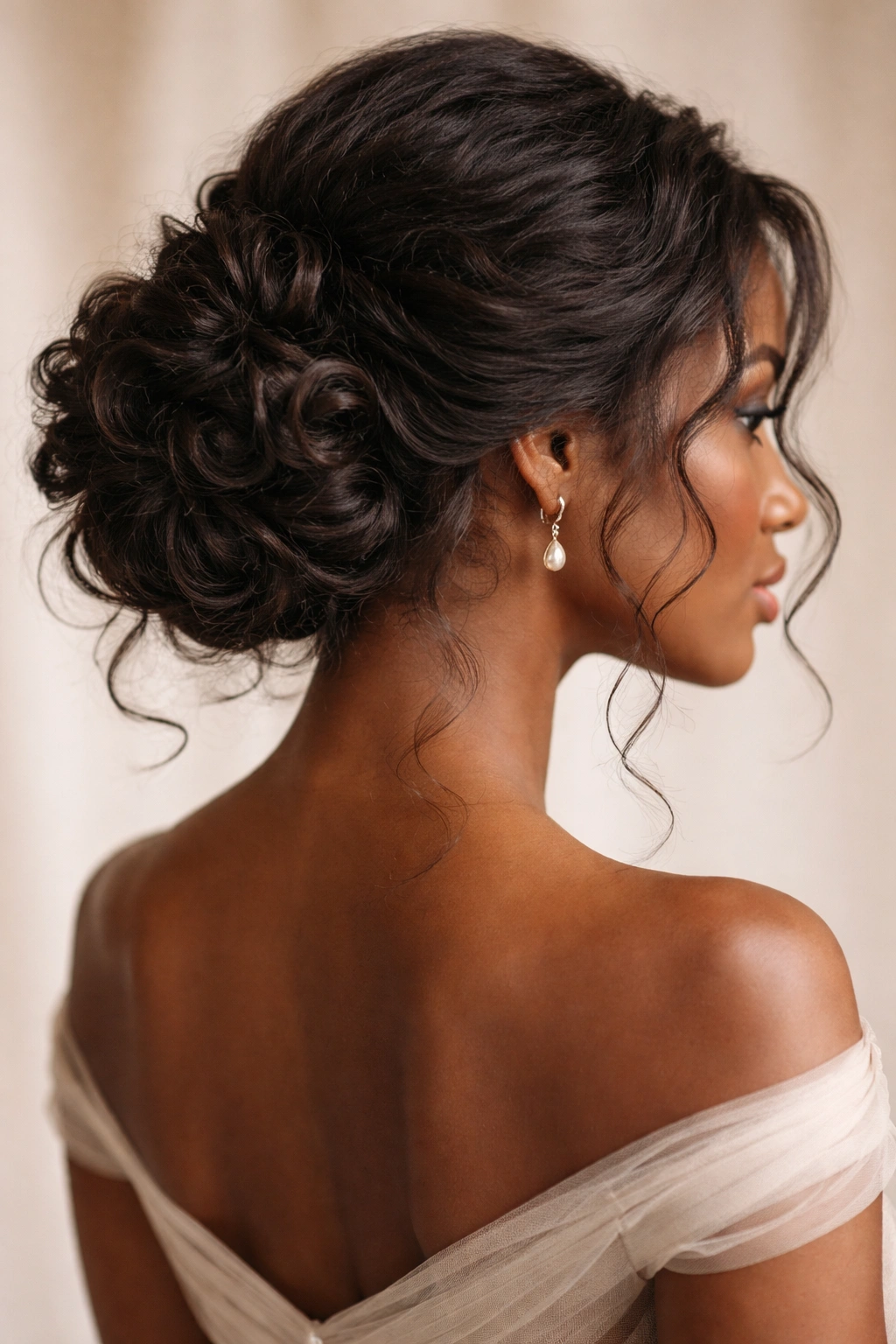Close-up of a loose coiled Afro updo with tendrils at the nape