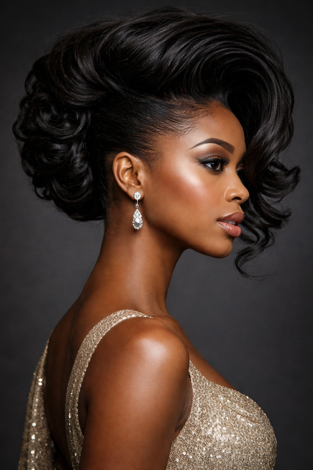 Profile view of swooping side updo with dramatic volume on one side