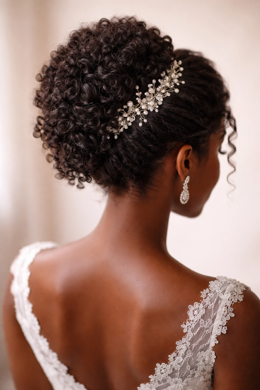 Close-up back view of a bride's Afro-textured wedding hairstyle with an elegant updo