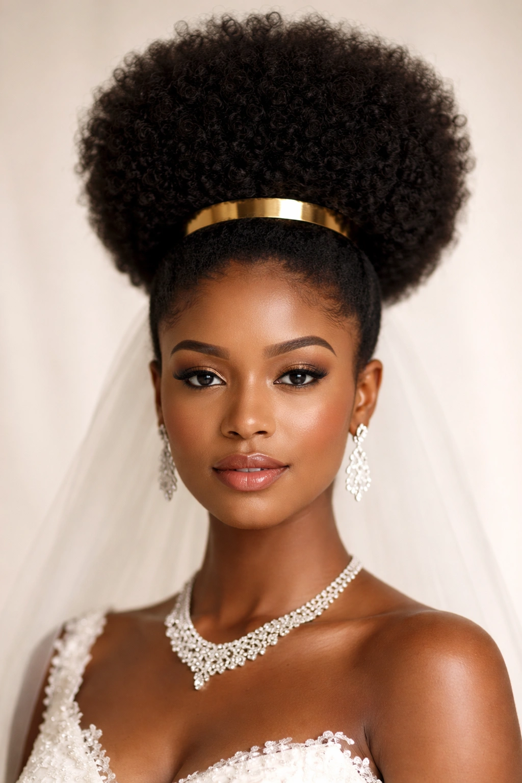 Close-up of a classic high-top afro crowned with a gold cuff.