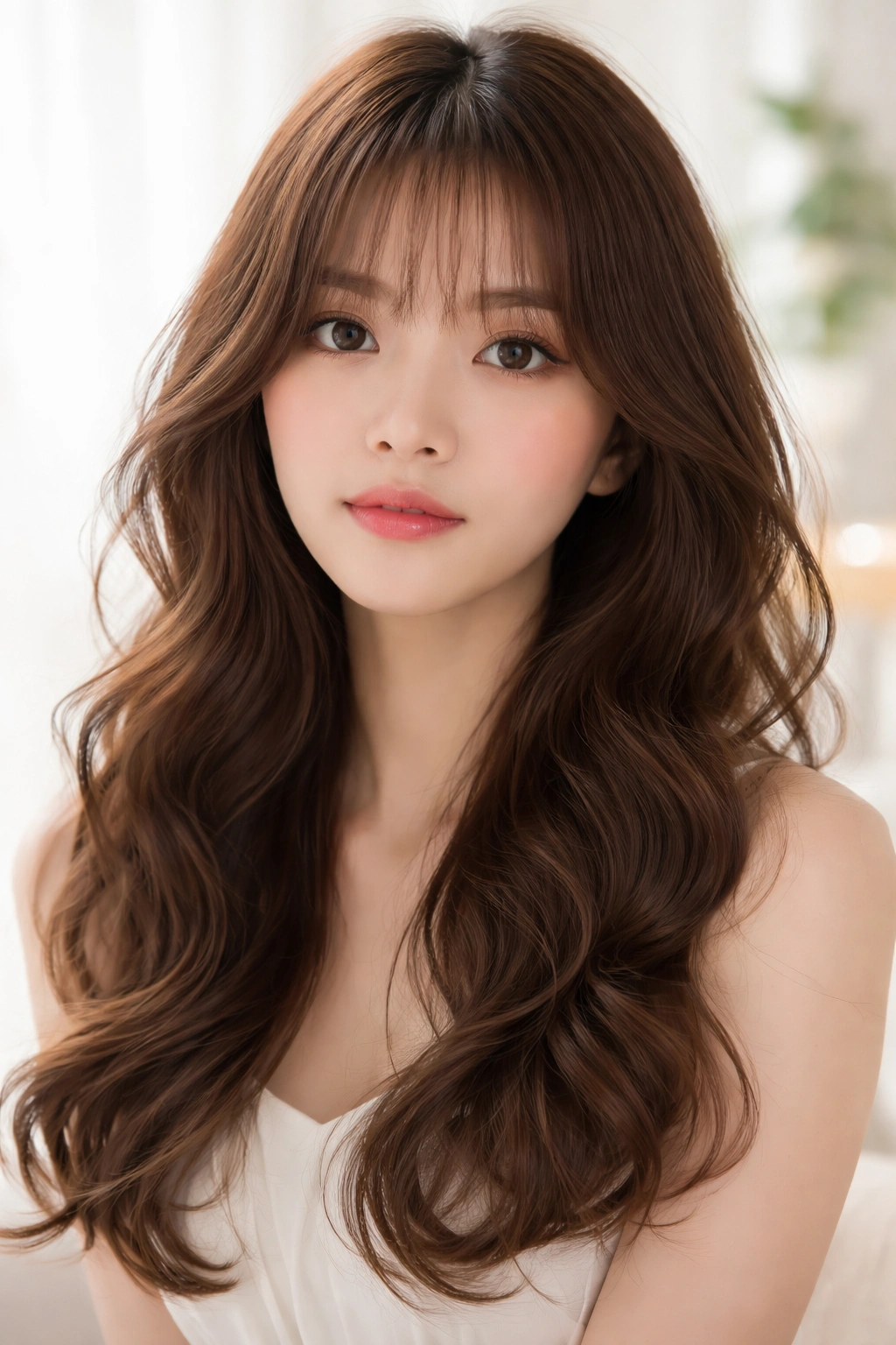 Portrait of air bangs and soft curls creating a dreamy romantic Korean hairstyle.