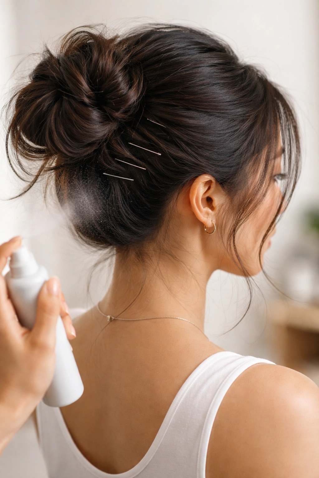 Messy bun held by horizontal bobby pins securing a thick Asian hair bun