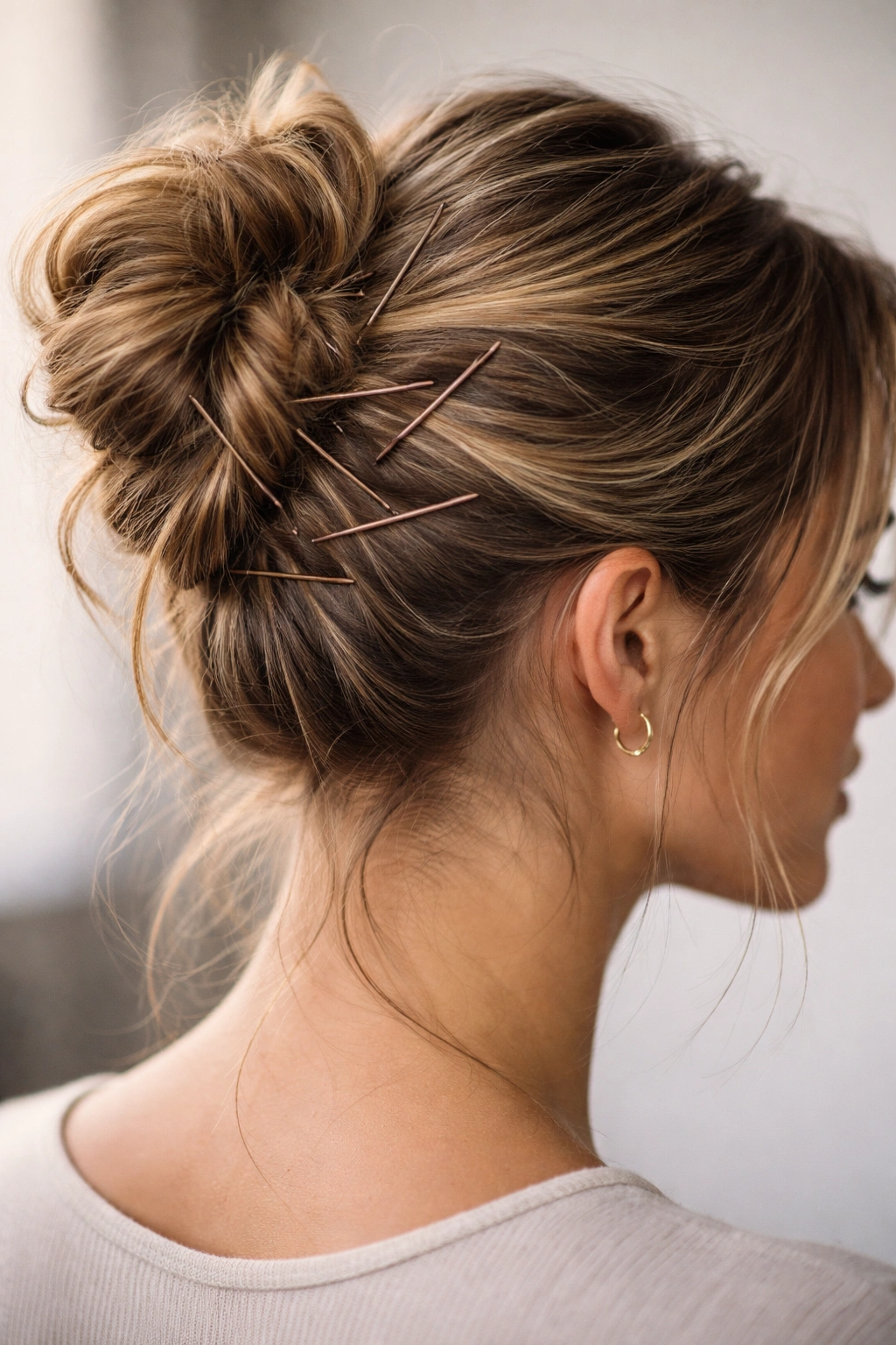 Bobby pins anchored through bun at multiple angles holding it in place