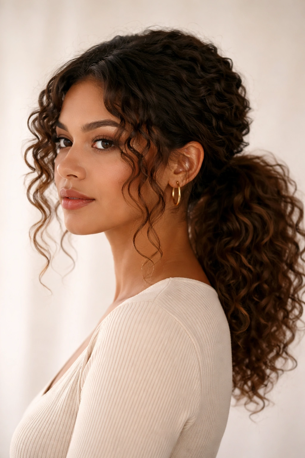 Angled curtain low ponytail showing face-framing curls