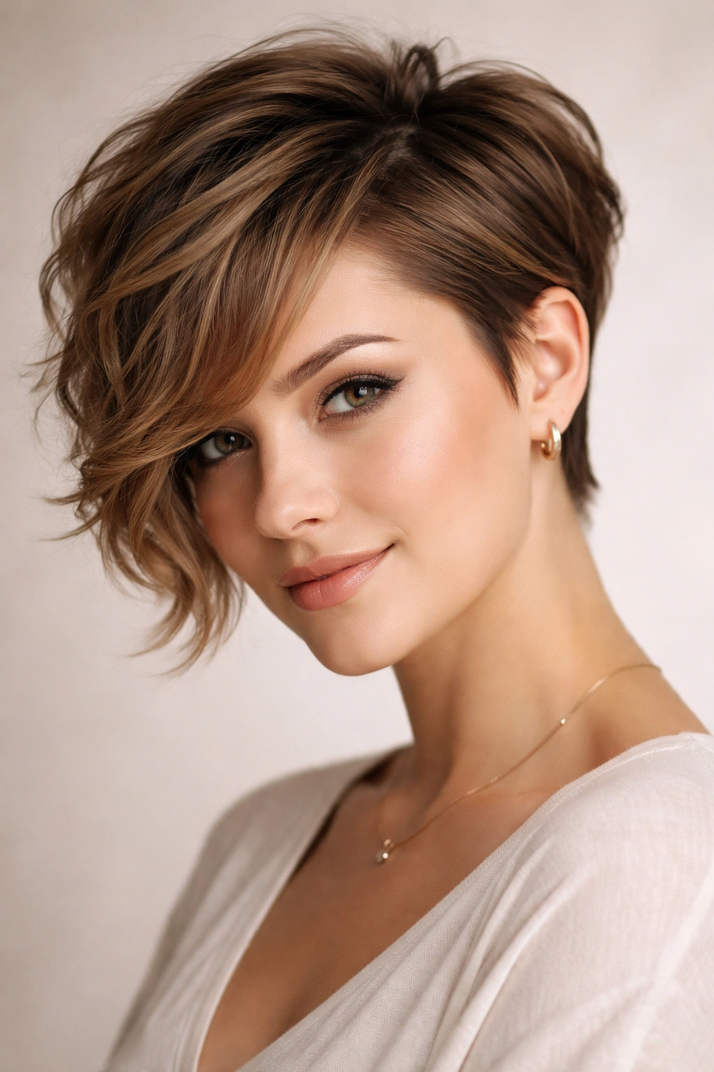 Angled pixie with longer side-swept sections and wave texture.