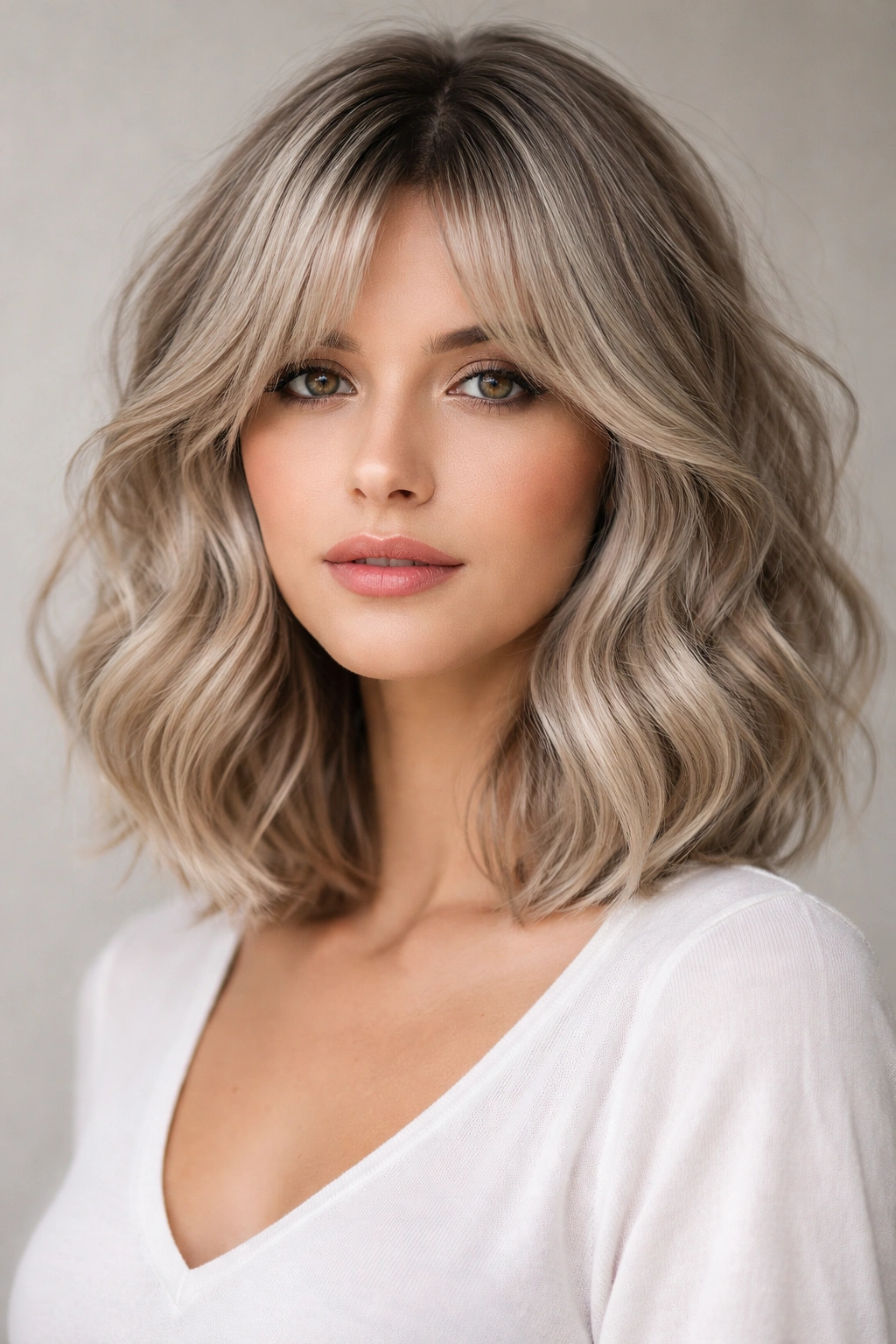 Close-up of an ash blonde wavy bob with curtain bangs