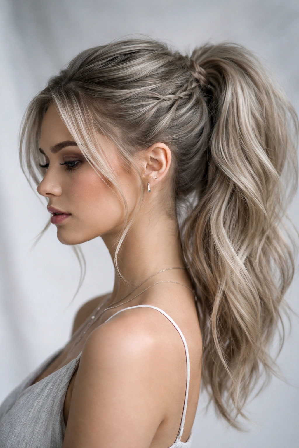 Ash blonde textured ponytail with braids twists in cool lighting