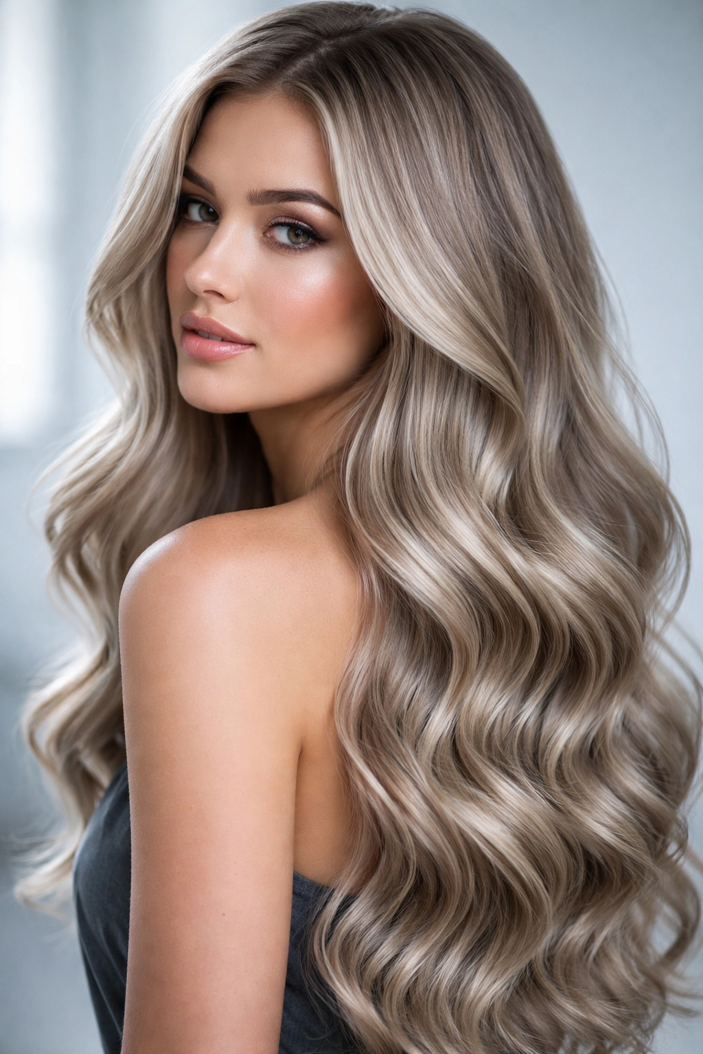Three-quarter view of cool-toned ash blonde hair with defined waves