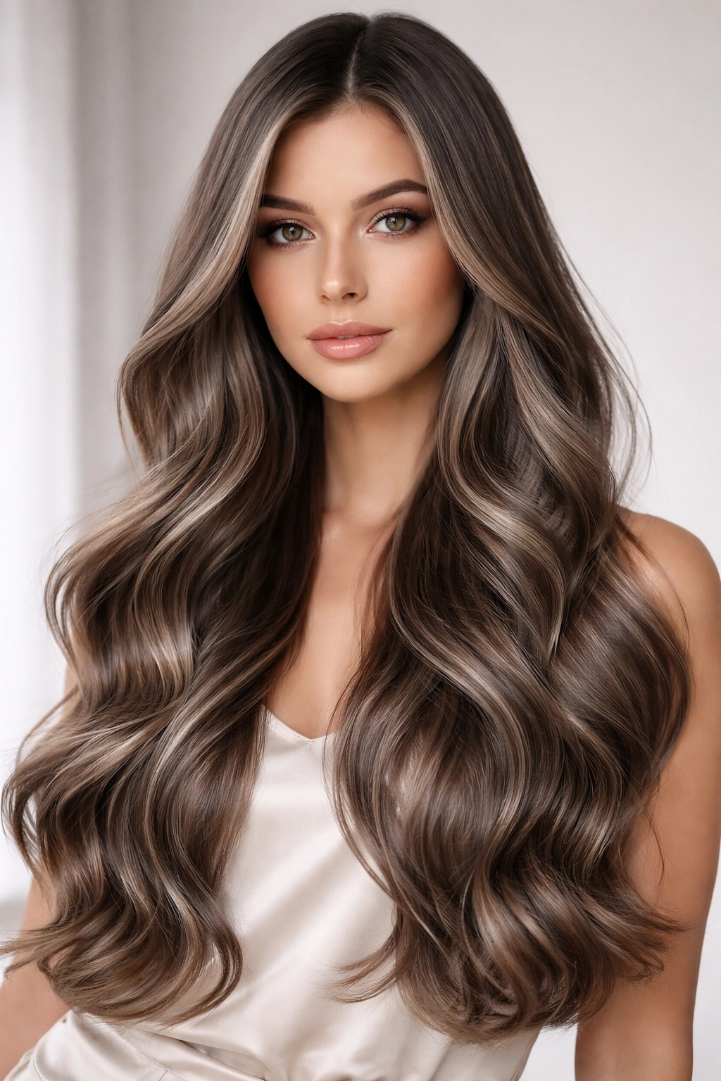 Ash brown hair with pearl undertones in soft waves