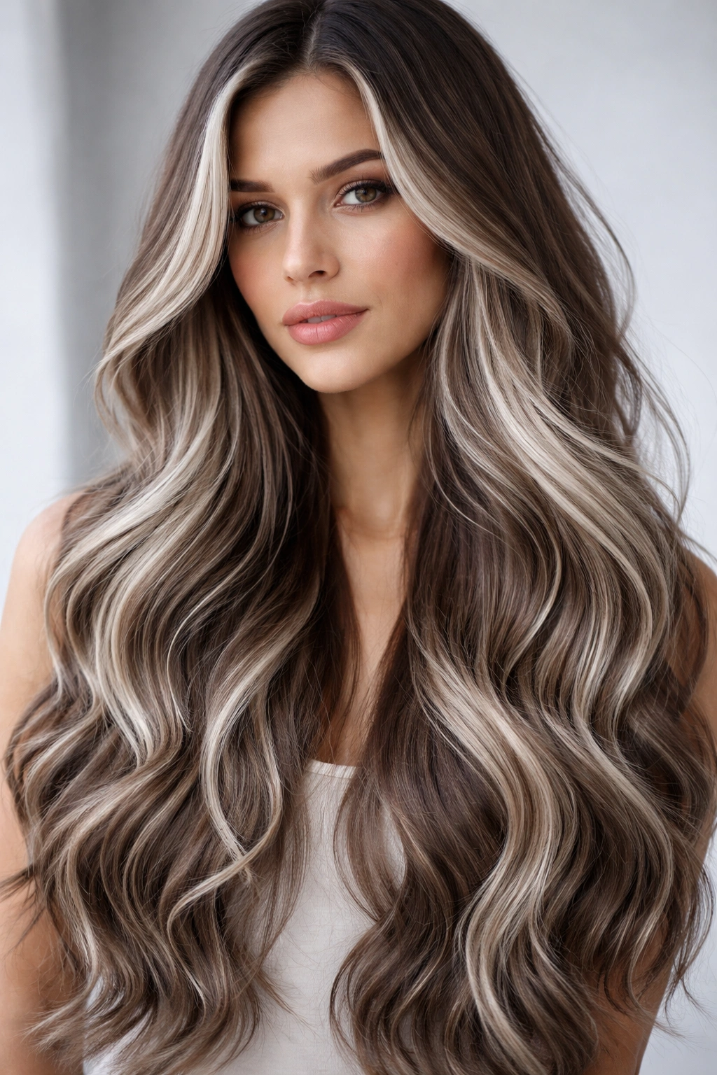 Ash brown hair with platinum accents in soft waves