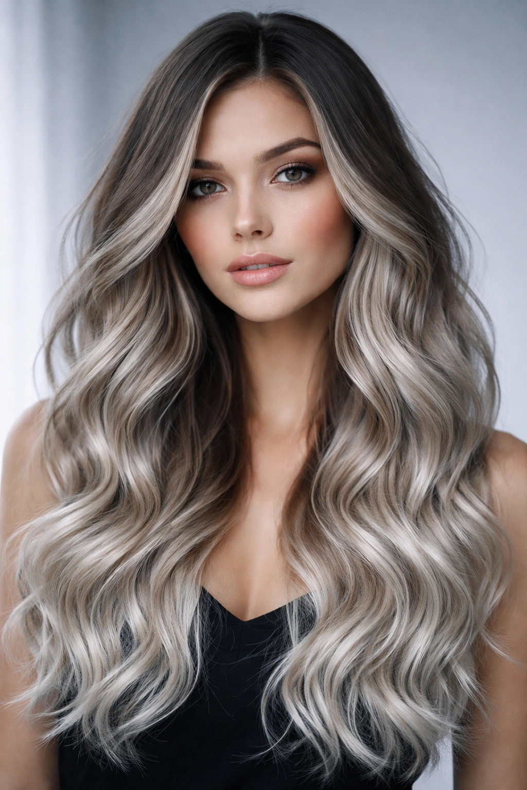 Wavy hair transitioning from ash brown to silver blonde under diffused cool lighting