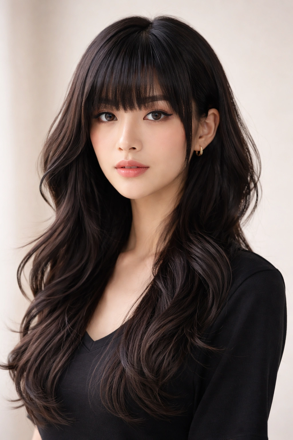 Three-quarter view of wavy hime cut with asymmetrical sides