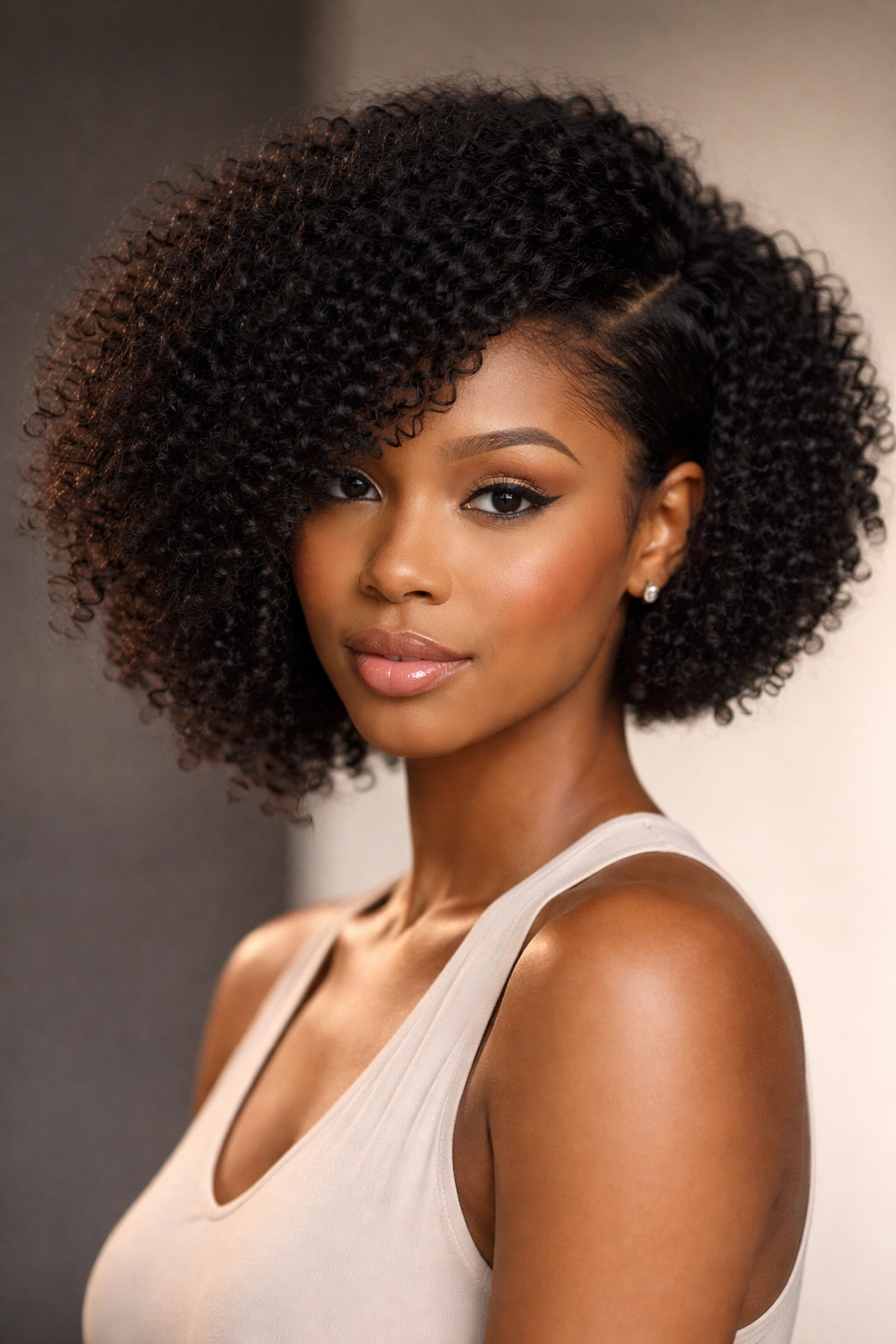 Asymmetrical afro bob showing diagonal length difference for face framing