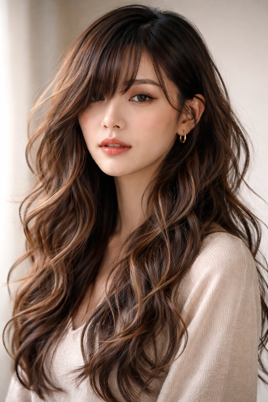 Person with asymmetrical bangs and dimensional waves in multiple tones.