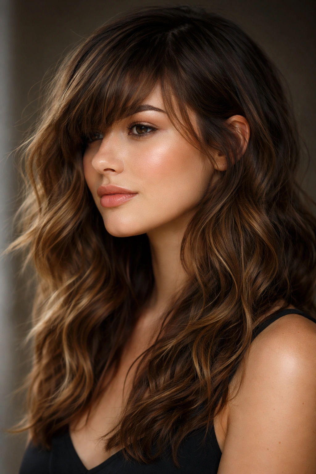 Asymmetrical bangs with mixed texture waves hairstyle