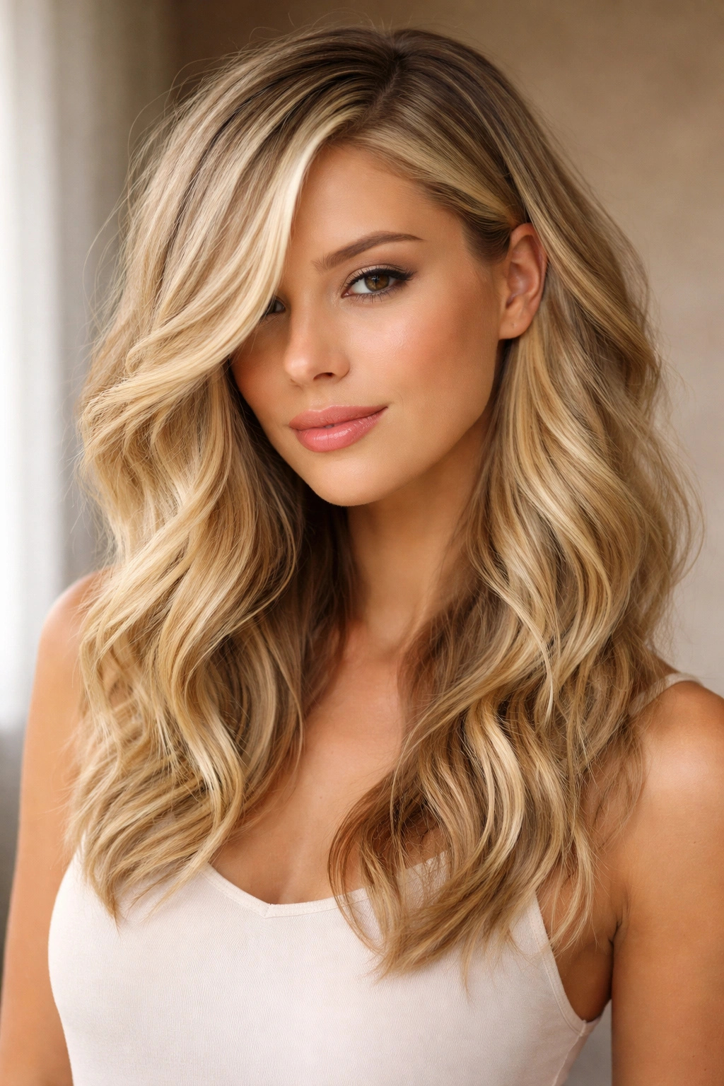 Blonde hair with sideswept waves and asymmetrical layers in three-quarter view