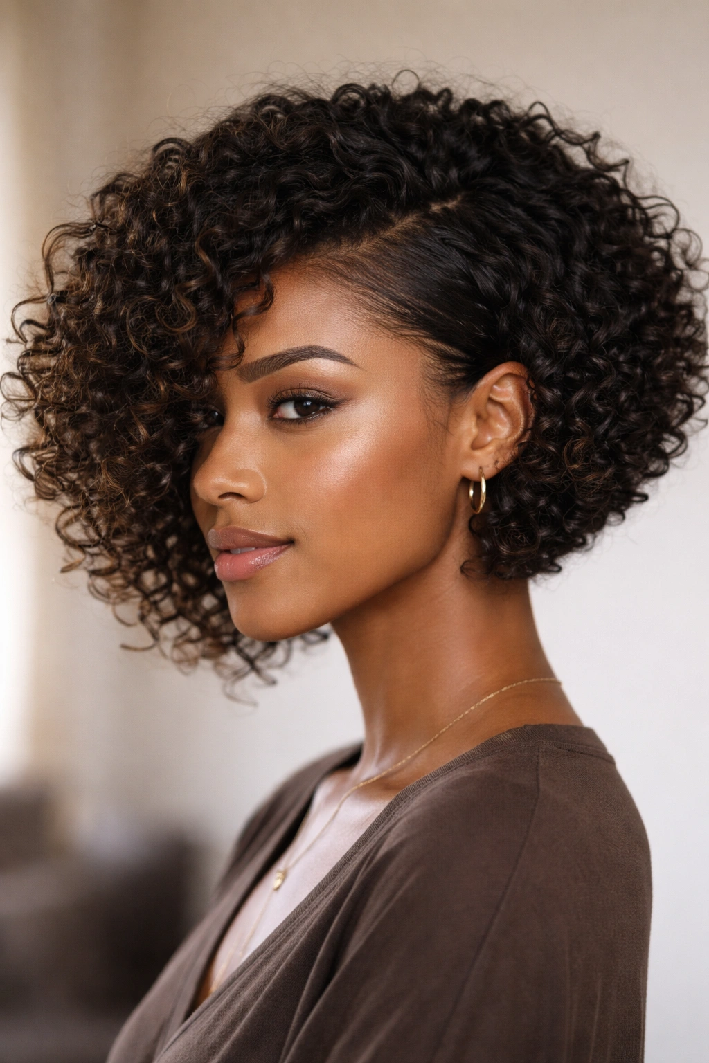 Close-up of a textured asymmetrical bob with a shorter side and longer curl-defined strand