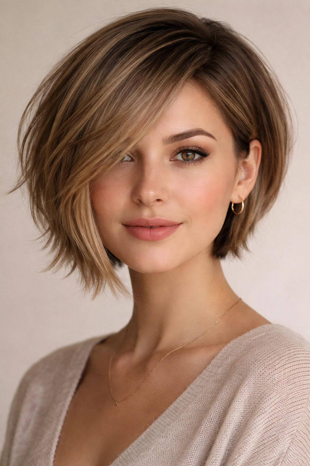 Close-up profile of a head-and-shoulders model with an asymmetrical layered bob