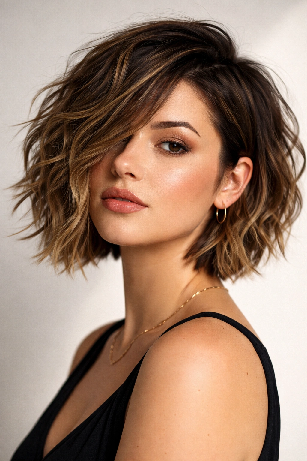 Asymmetrical choppy bob on a round face, one side shorter with waves.