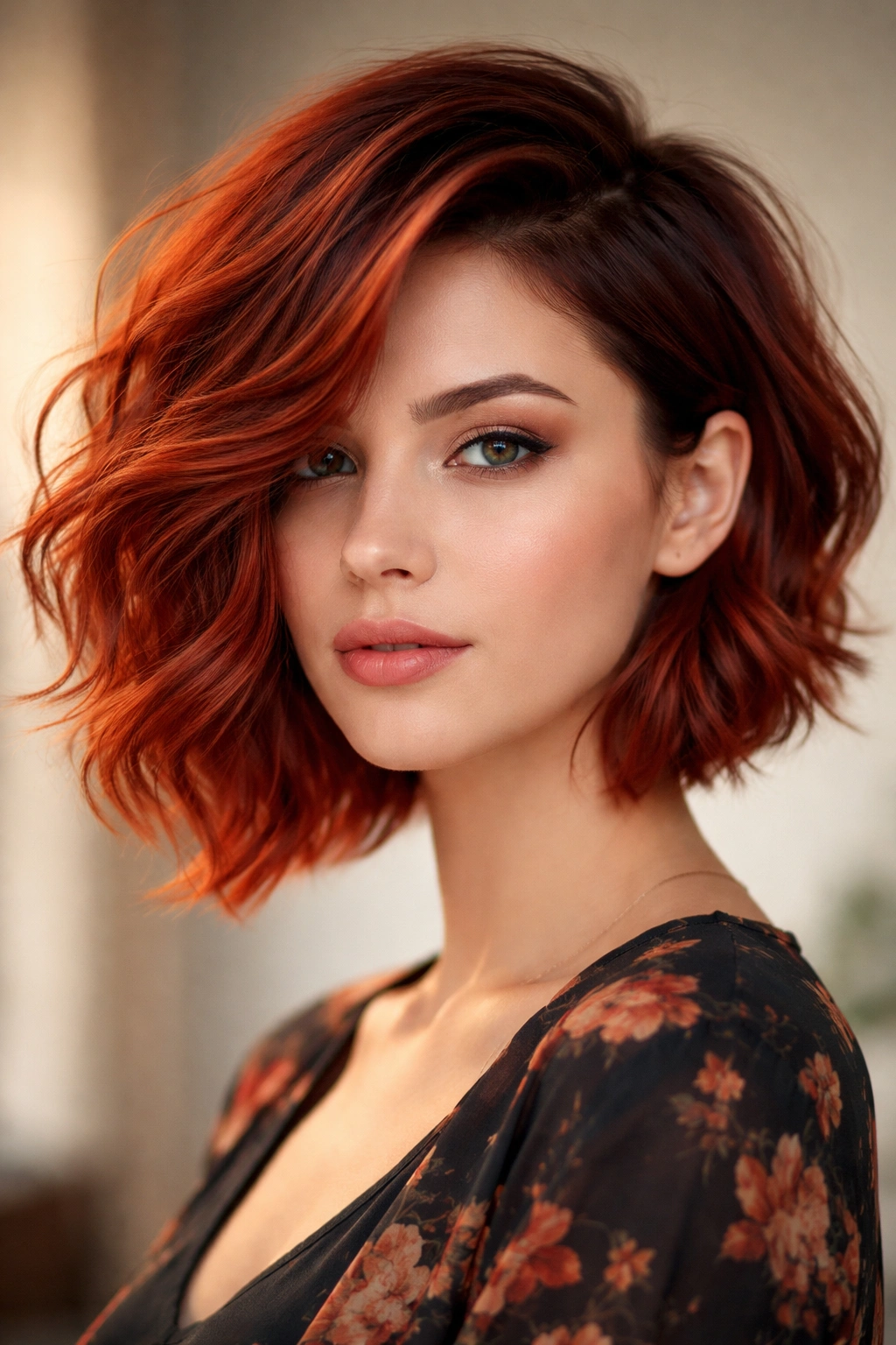 Asymmetrical wavy bob in sunset red with one side shorter