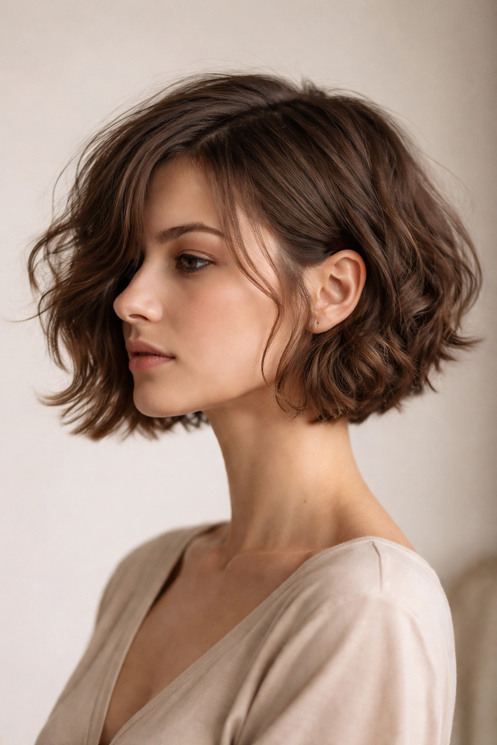 Close-up of asymmetrical wavy French bob with ear-length and chin-length sides in studio lighting