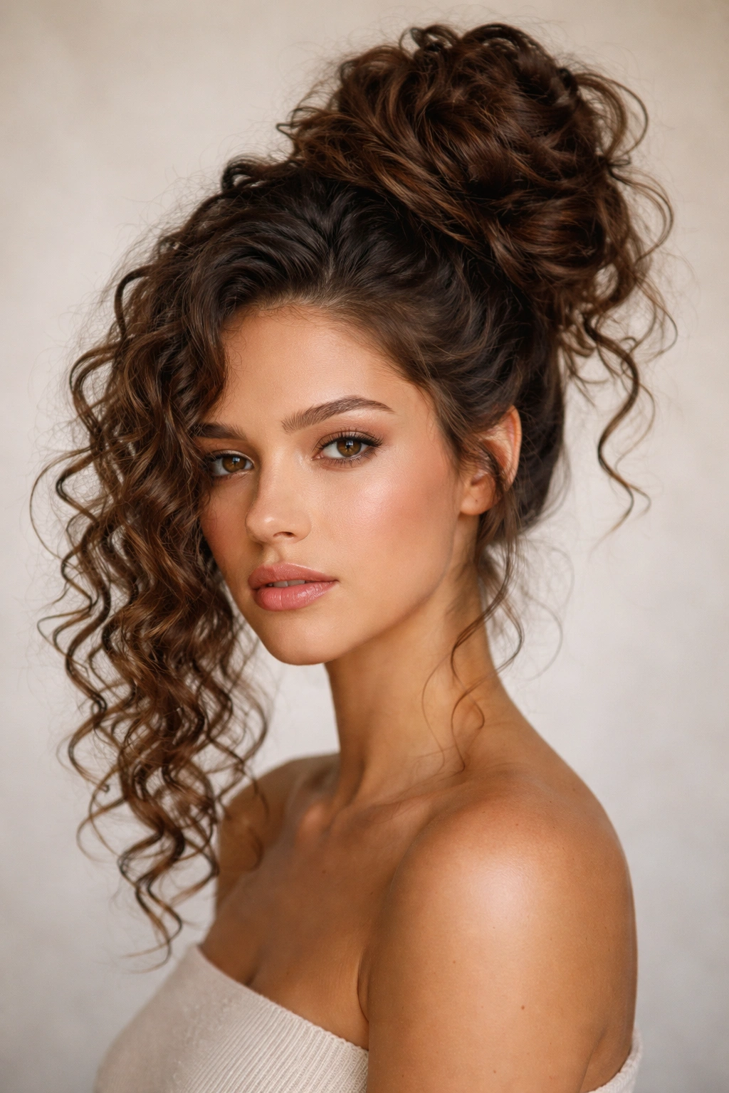 Close-up of an off-center curly bun with one side left loose, highlighting texture and volume