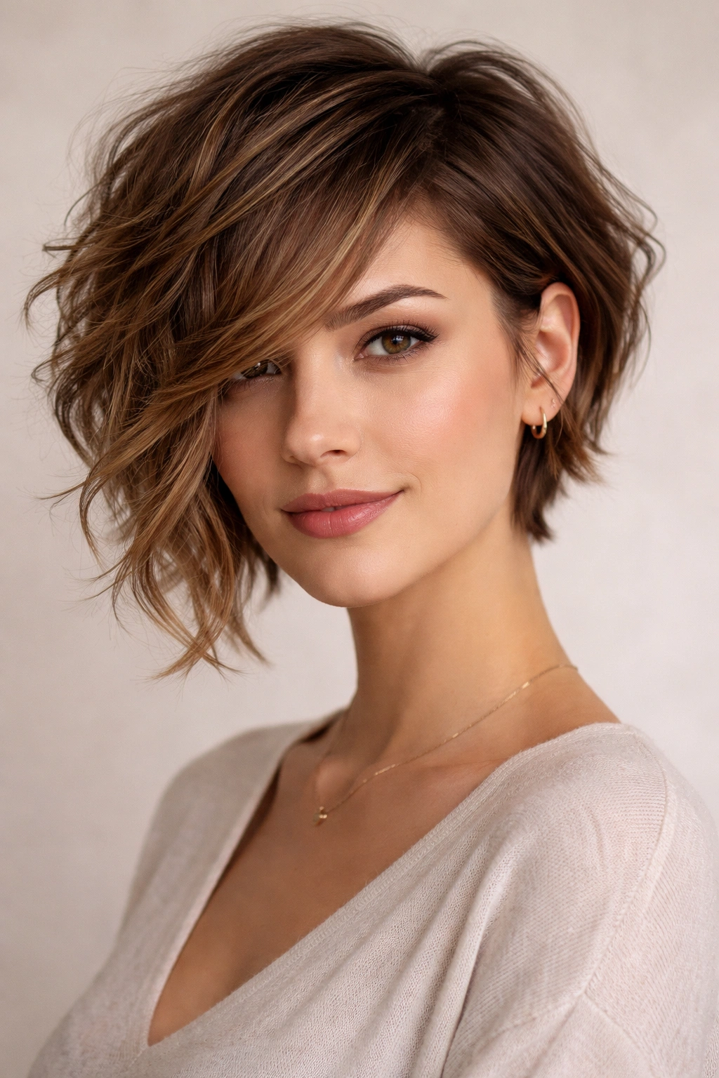 Asymmetrical cut with diagonal side bangs on wavy hair.