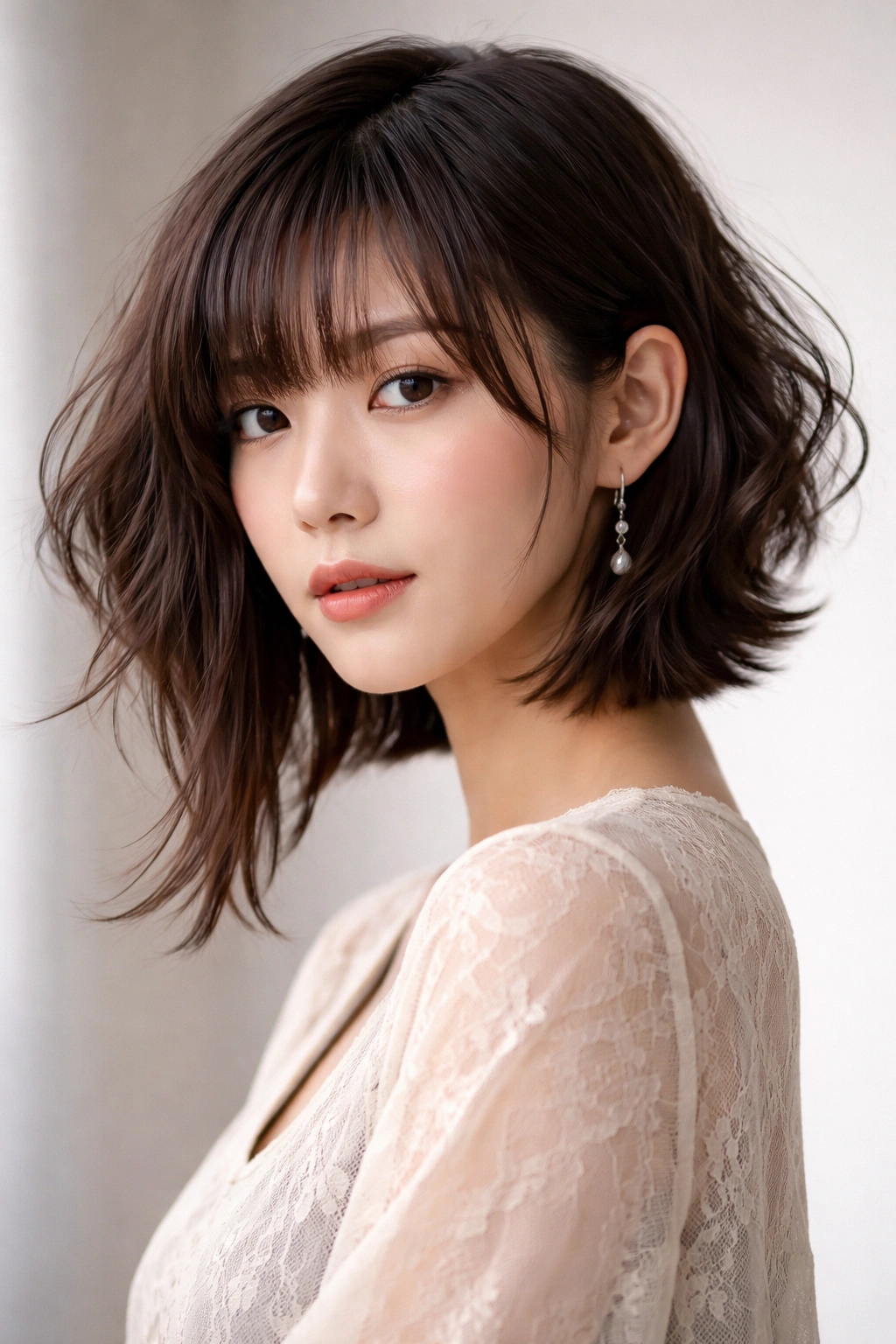 Portrait of a person with asymmetrical hime cut featuring uneven sidelocks and varied back length