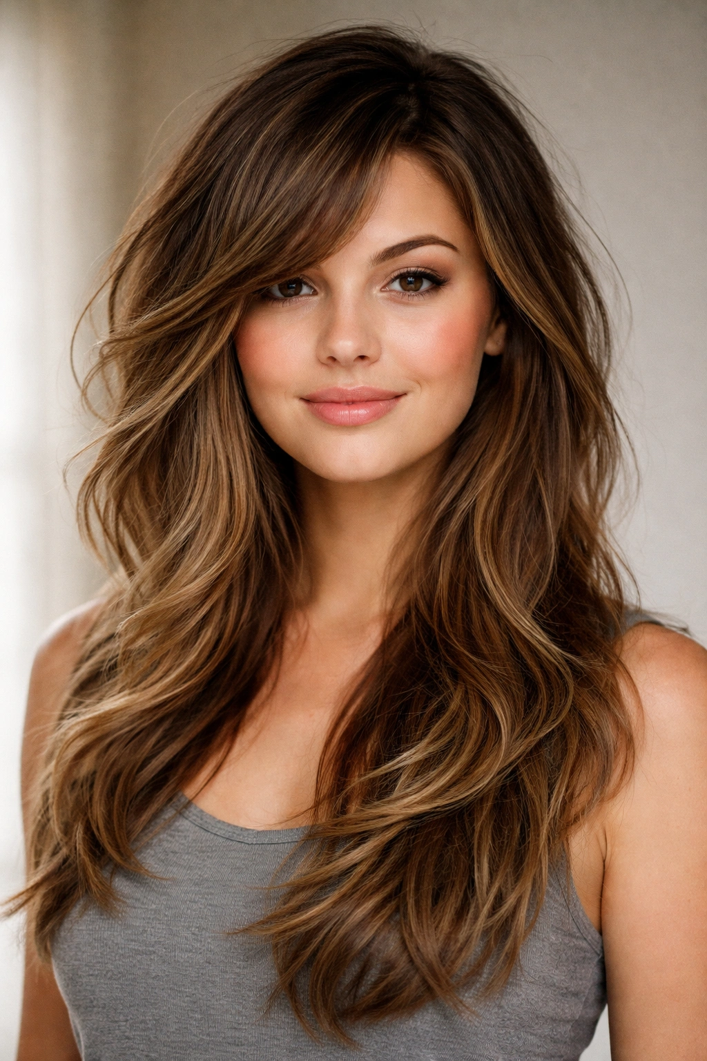 Model sporting asymmetrical layered cut with one longer side