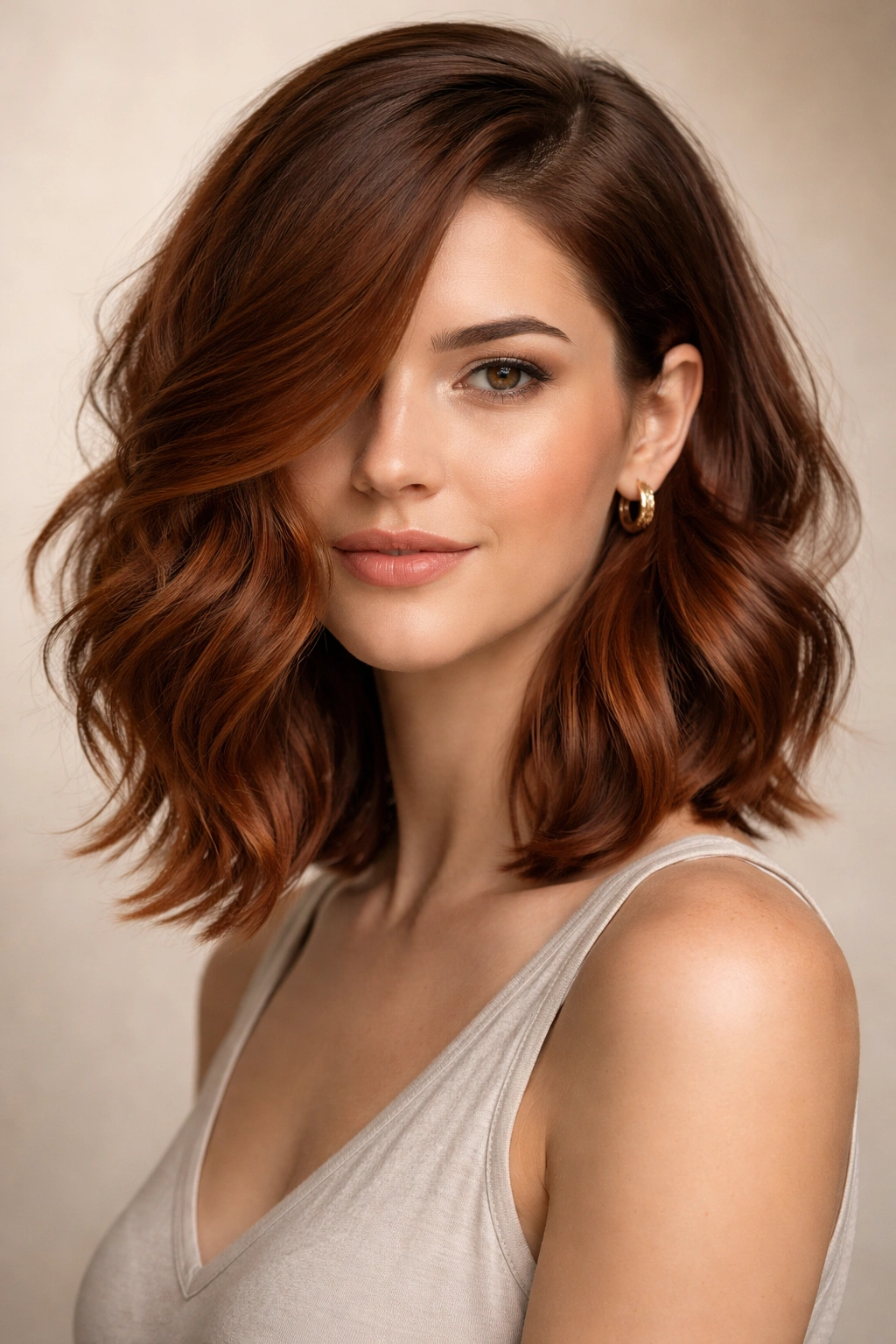 Wavy asymmetrical lob with side-swept styling in auburn.