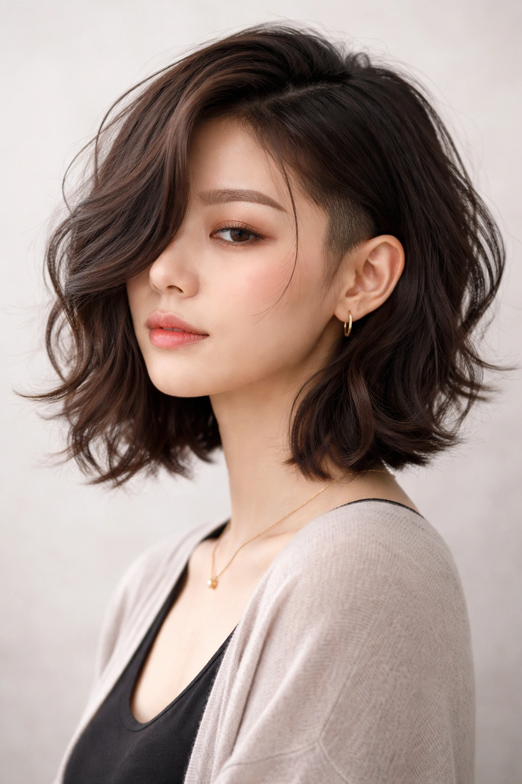 Close-up of an asymmetrical wavy lob with a discreet undercut and soft waves