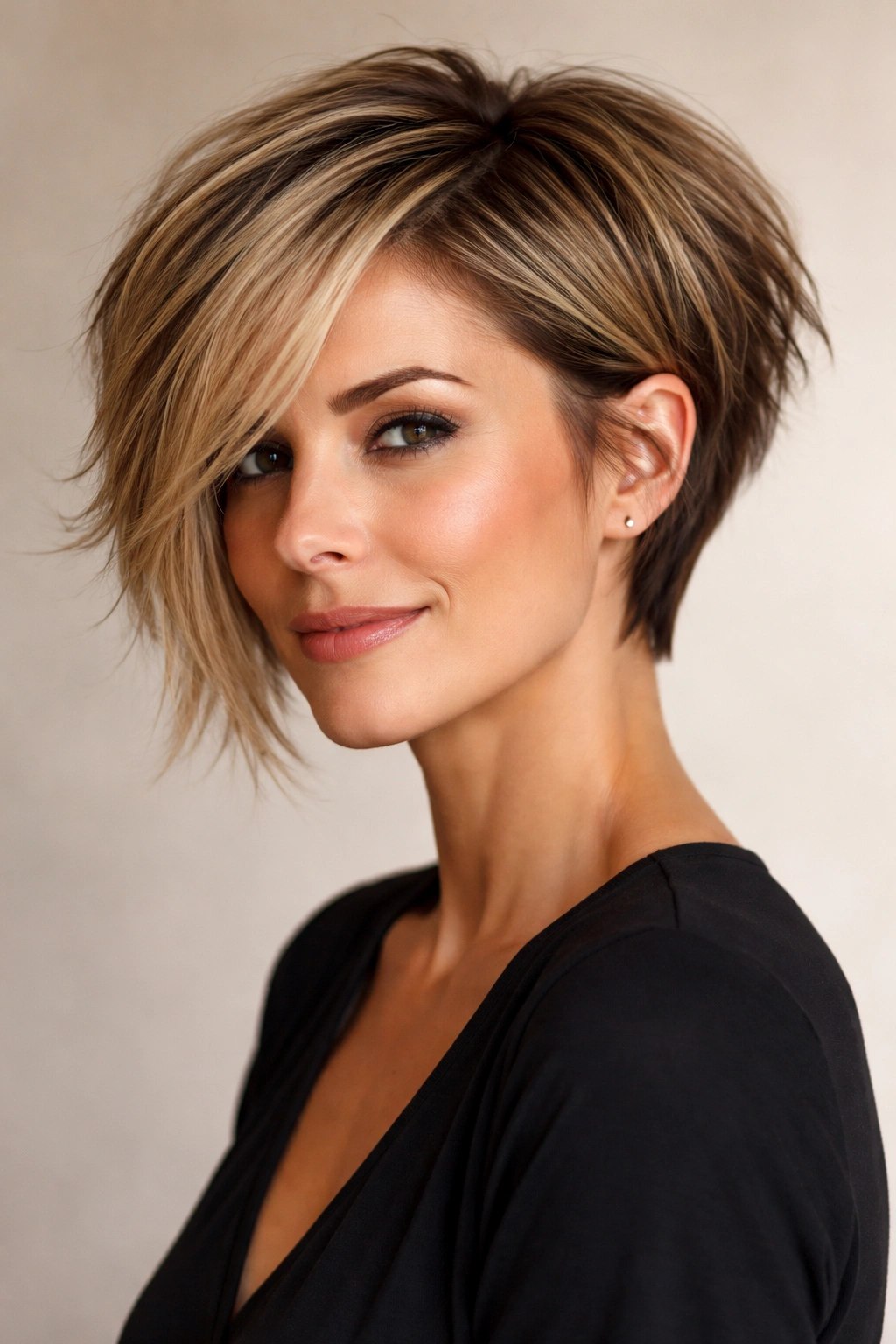 Asymmetrical layered pixie-bob haircut on a head, highlighting longer and shorter sides.