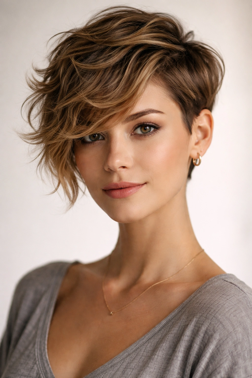 Asymmetrical pixie with longer textured waves framing the face