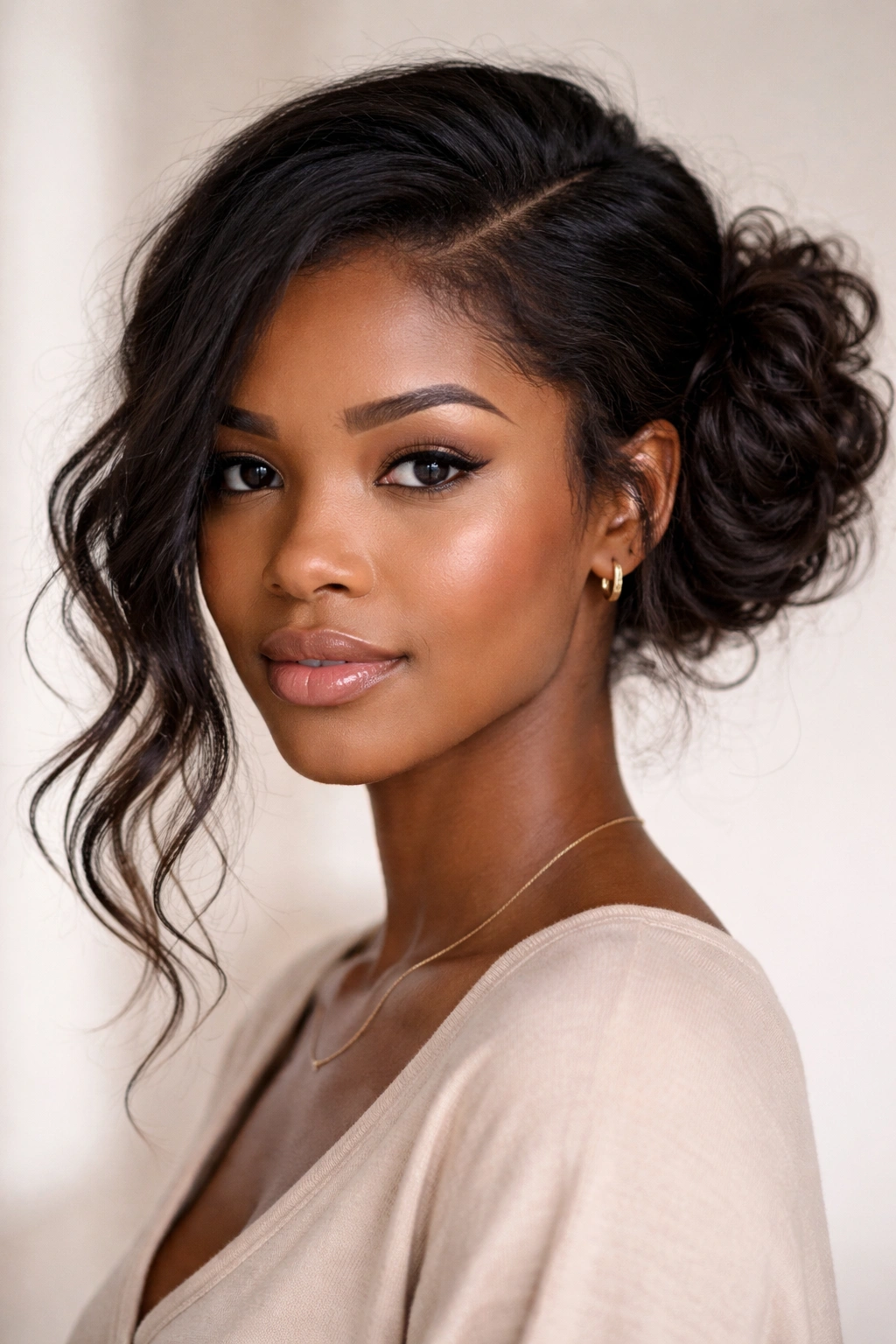 Asymmetrical side messy bun on natural hair with off-center placement.