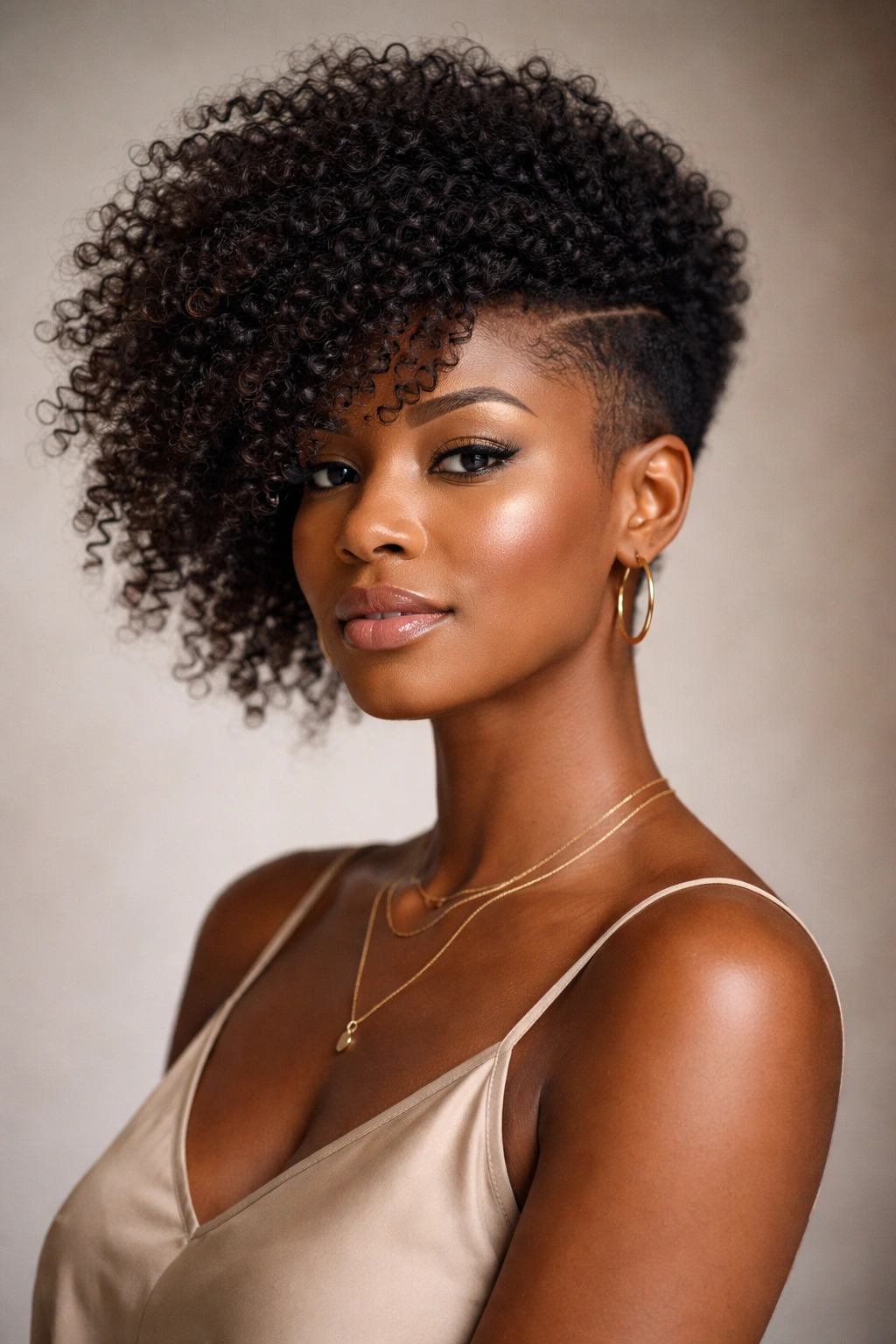 Asymmetrical tapered afro with longer textured side and shorter opposite side.