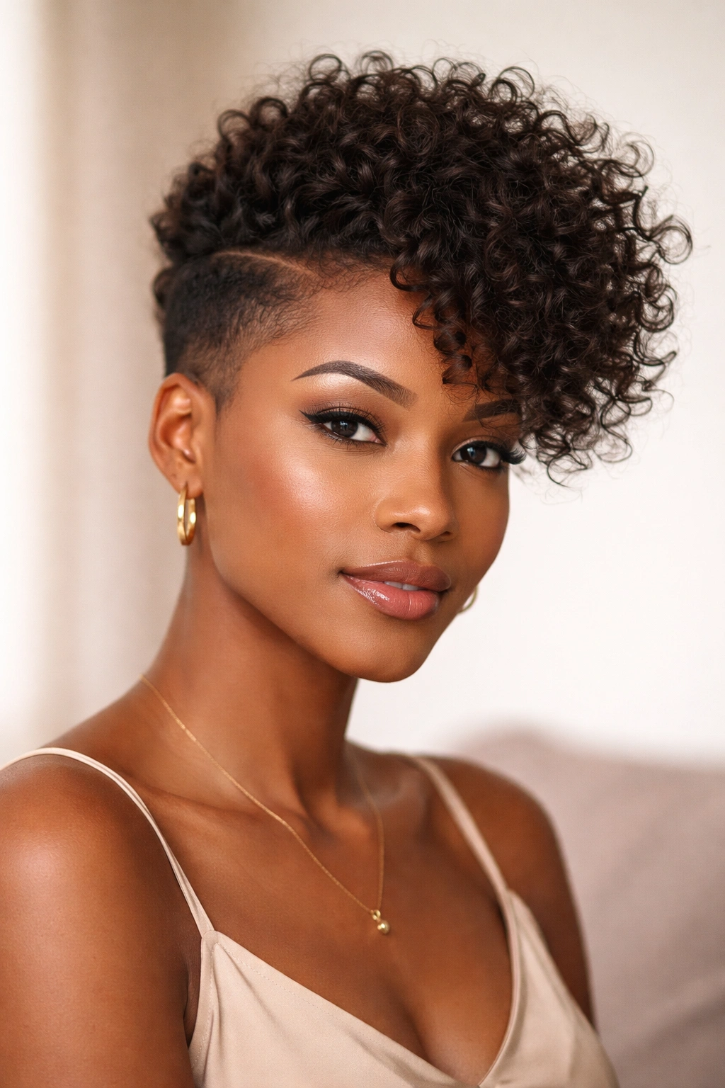 Portrait of a person with an asymmetrical tapered cut and longer curls on top