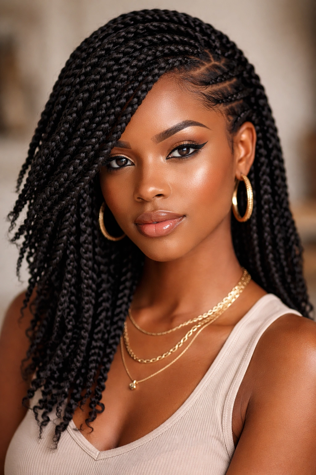 Head with side-parted asymmetrical twists