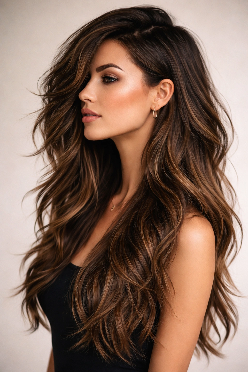 Long wavy hair with asymmetrical wave layers on one side