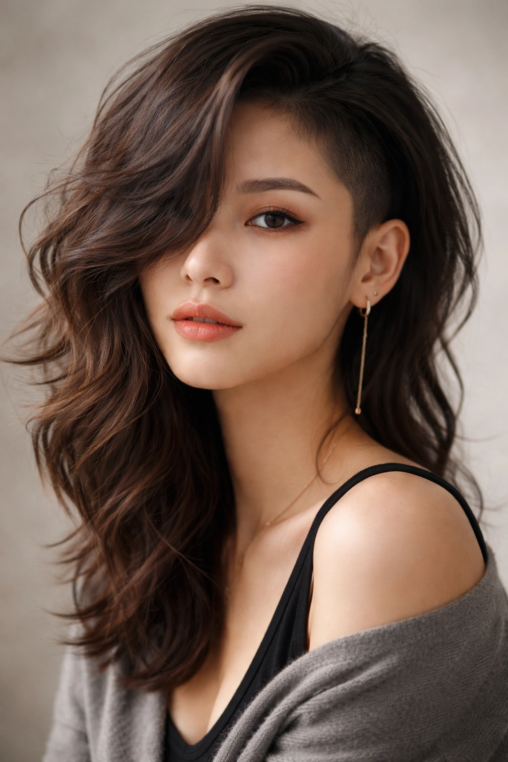 Close-up of asymmetrical wave with shaved undercut featuring long waves over a shaved side