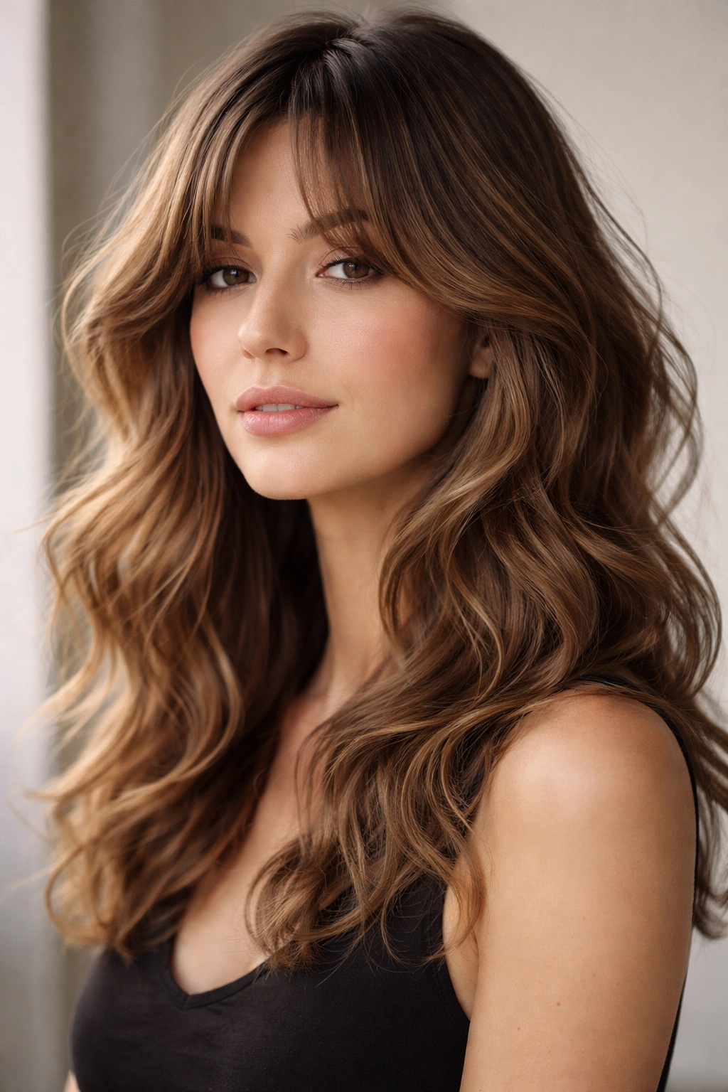 Asymmetrical waves with curved curtain bangs framing the face
