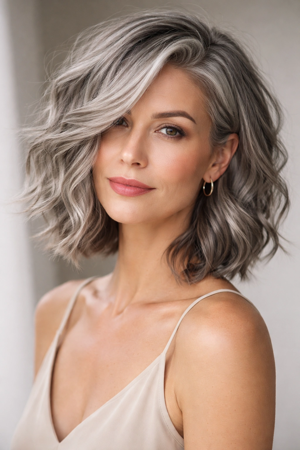 Asymmetrical wavy lob in gray hair with chin-length and shoulder-length sides