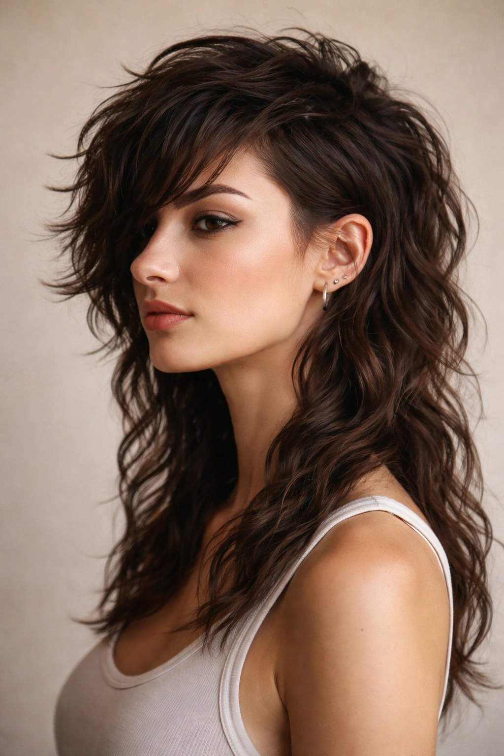 Portrait of an asymmetrical wavy mullet with uneven front length