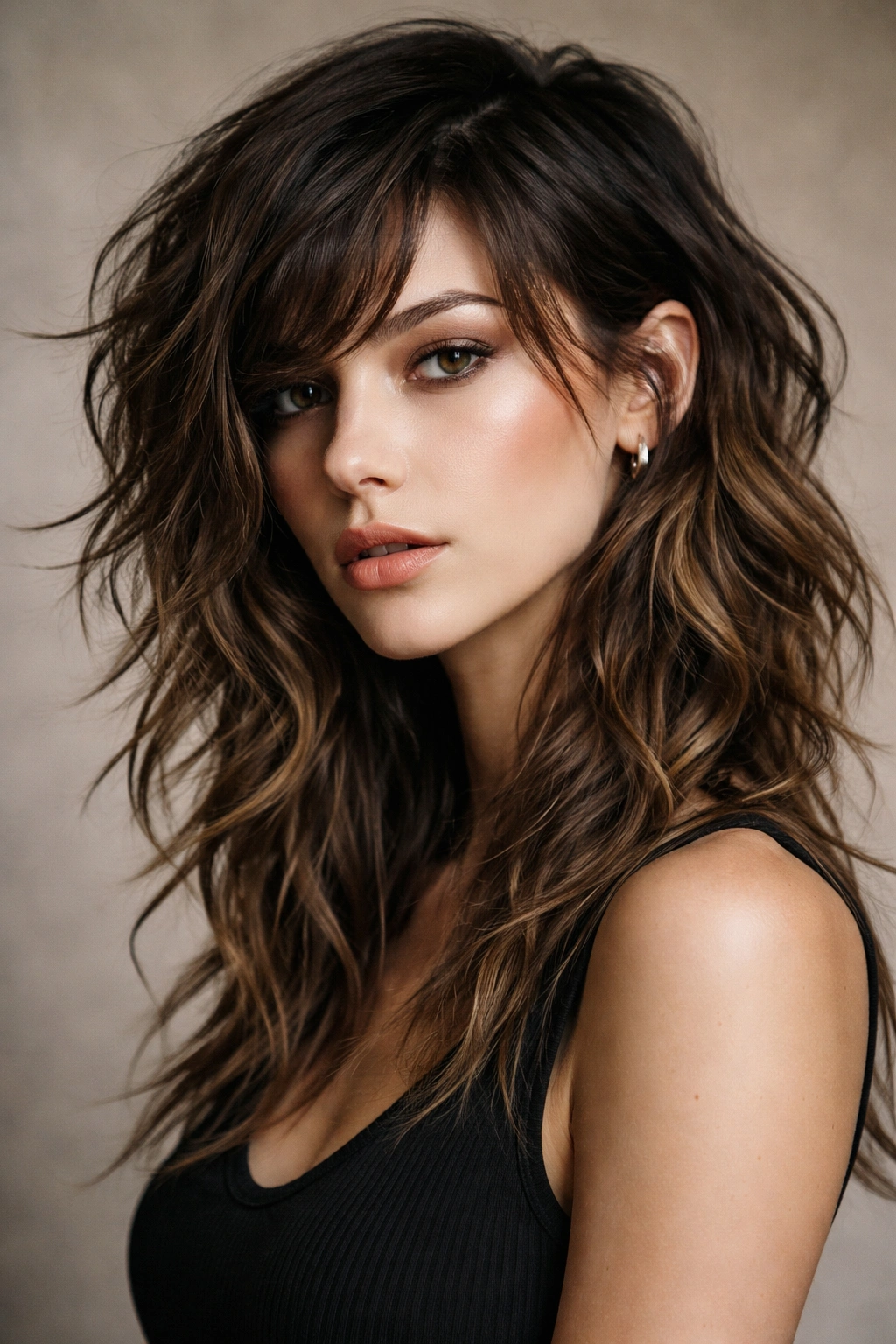 Asymmetrical wavy wolf cut with uneven layers