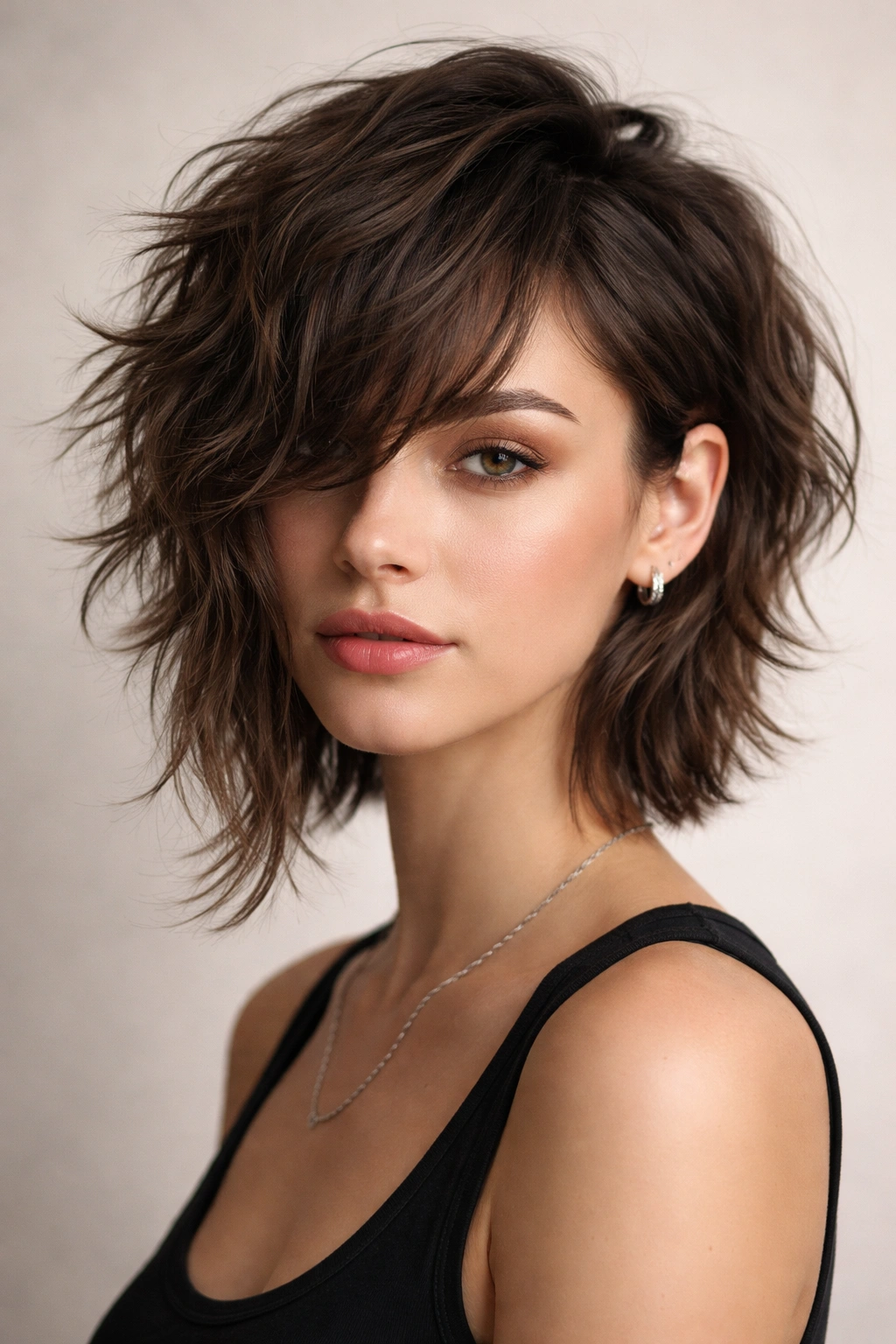 Close-up of a model with an asymmetrical short, wavy wolf cut, one side cropped and textured, the other longer with waves