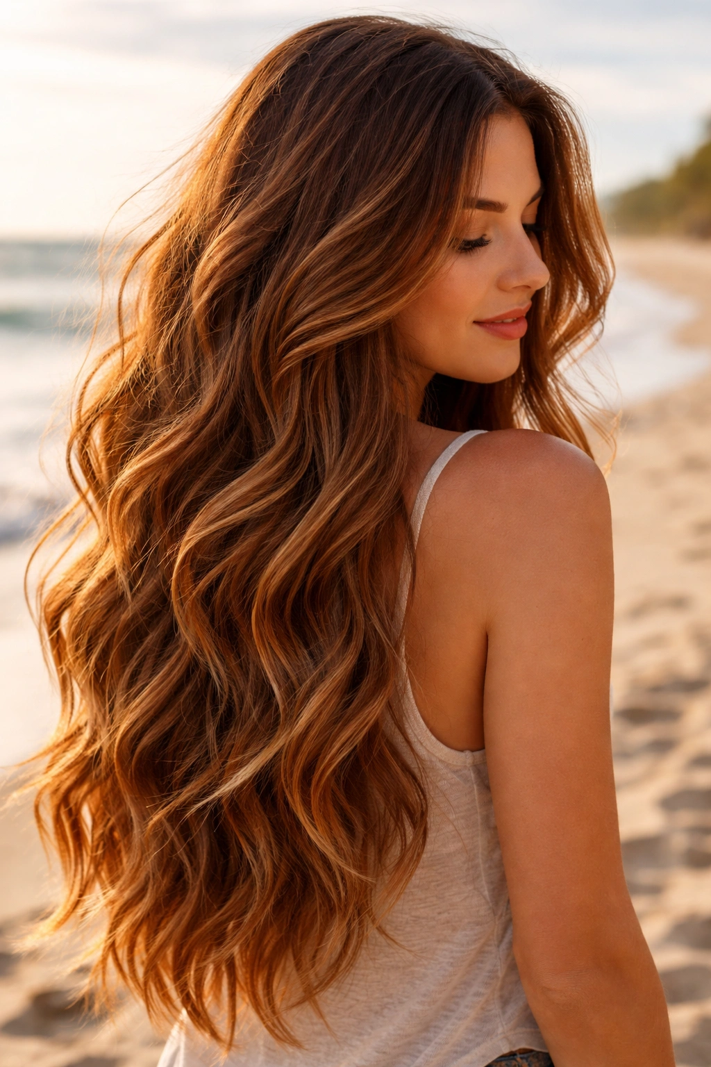 Close-up of long auburn balayage hair styled in beachy waves