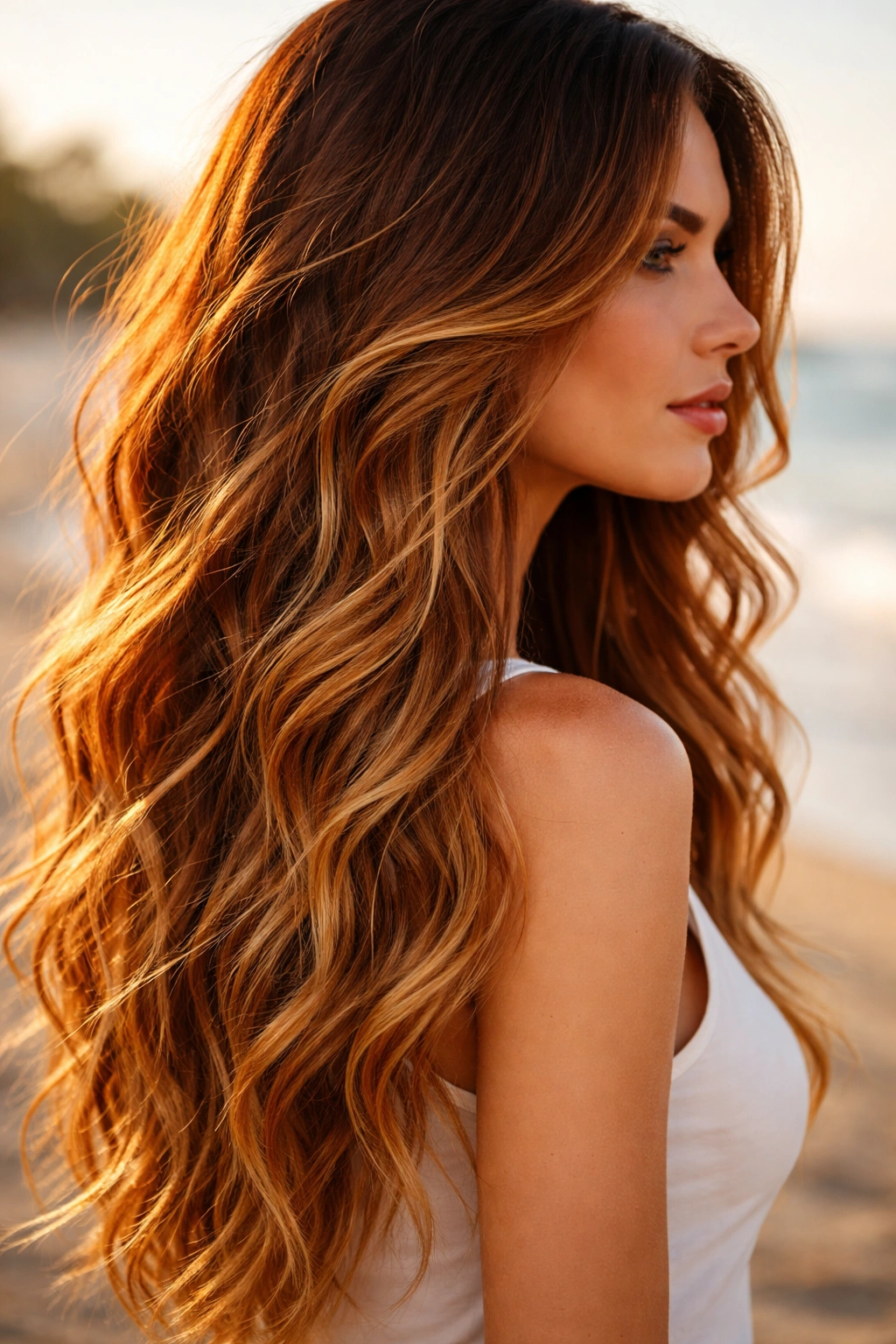 Auburn beachy waves with darker roots and highlighted ends