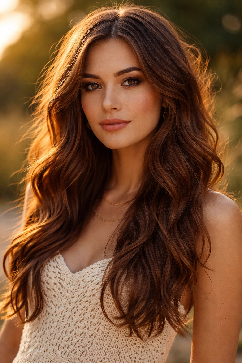 Close-up of auburn brown boho waves in warm outdoor light