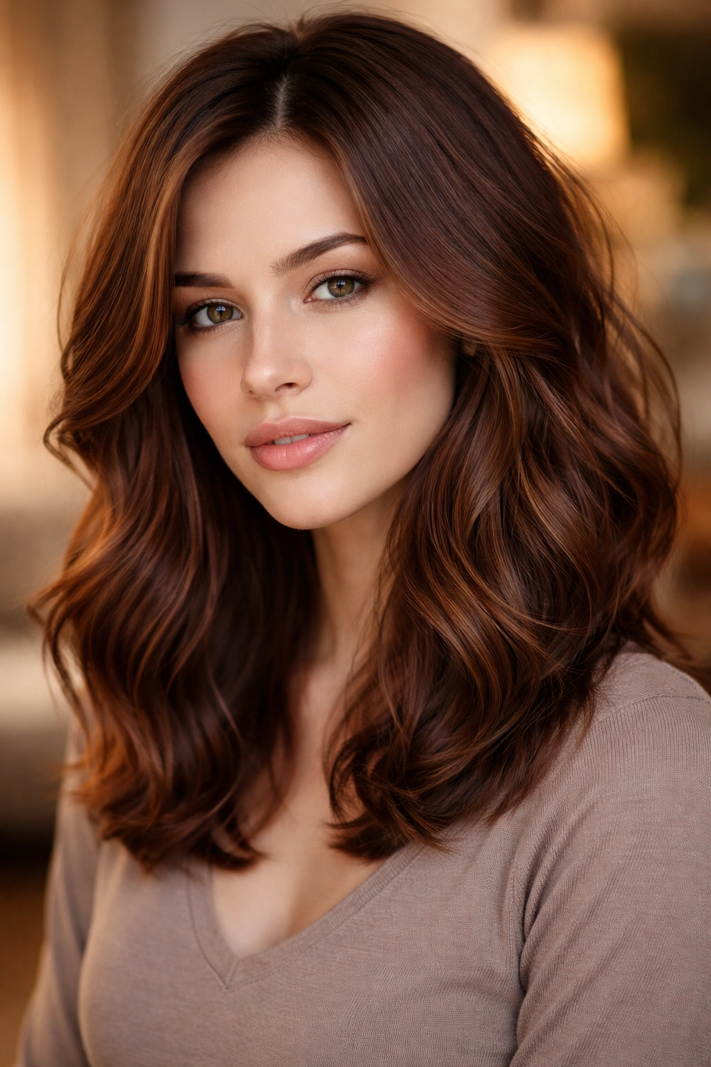 Auburn brown wavy lob hairstyle with medium layers
