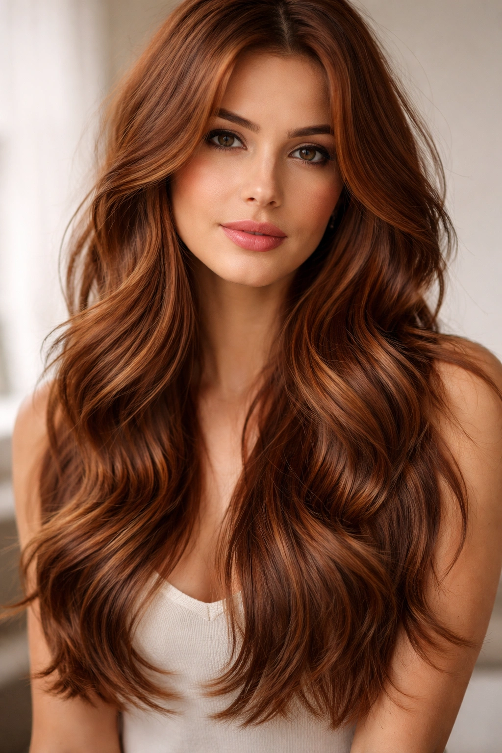 Close-up of long auburn hair with curtain layers and tousled waves in studio lighting